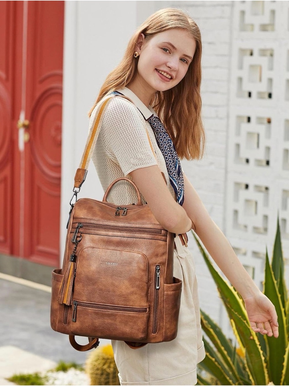 Shrrie Vegan Leather Backpack Purse Brown Travel Laptop Bag NWT